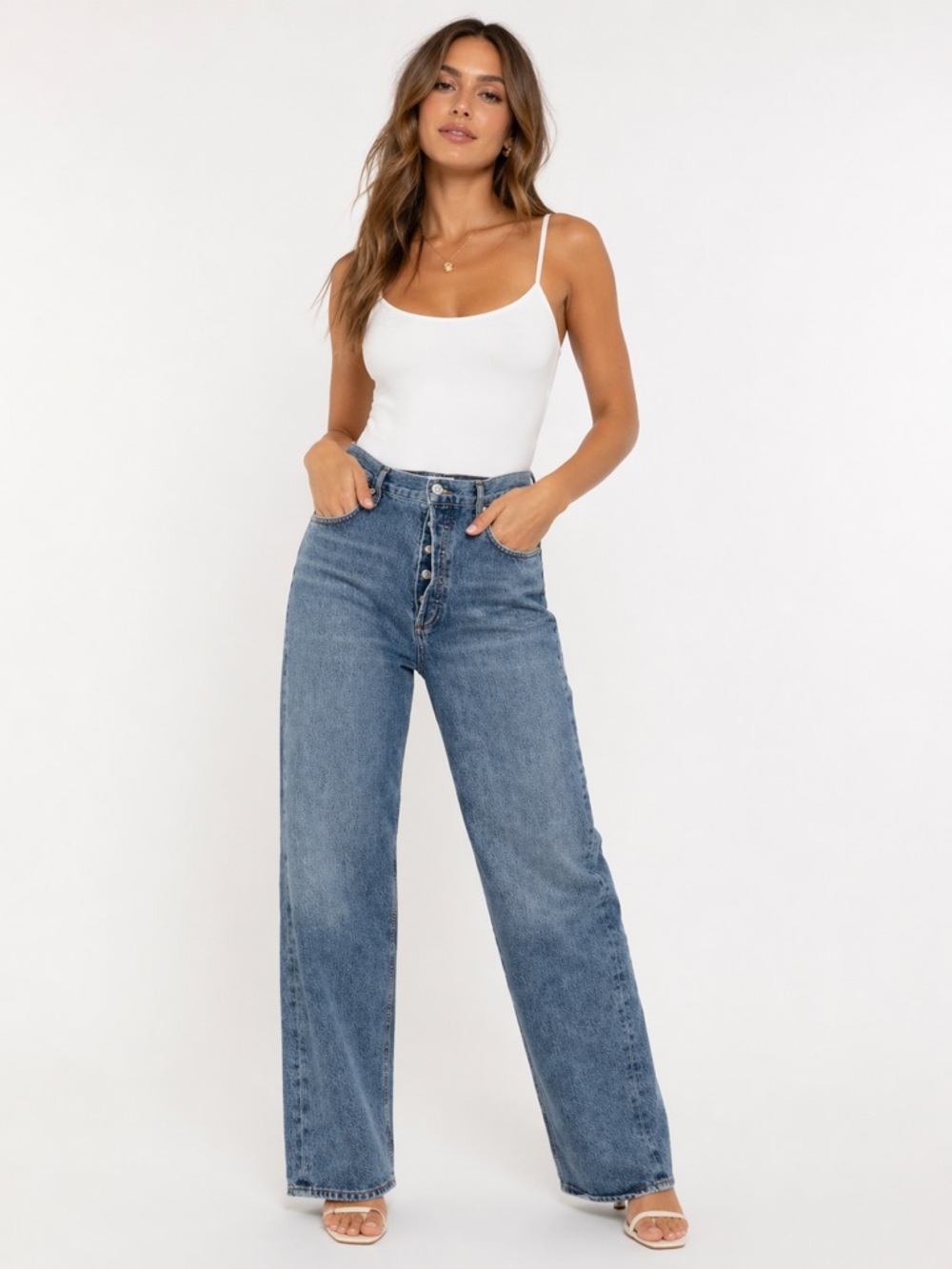 AGOLDE Button-Front High Rise Straight Leg Jeans – Medium Blue – Size 30